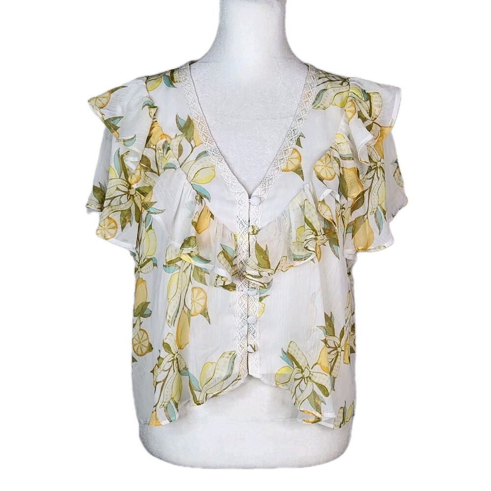 Avec Les Filles Lemon Print Ruffle Blouse Medium Swing Top Cottagecore Lace Trim